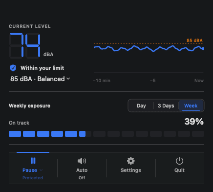 The current Volume Shield menu-bar view showing a level of 74 dBA within the selected level limit and weekly exposure on track at 39 percent